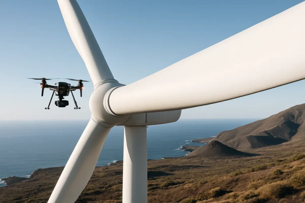 Dron de inspección volando junto a la pala de un aerogenerador parado en un parque eólico costero