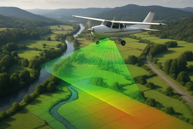 Avioneta con sensor LiDAR barriendo un valle con un abanico de líneas láser y el terreno convertido en nube de puntos con curvas de nivel