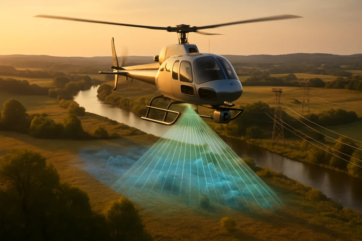 Helicóptero con sensor LiDAR realizando un vuelo LiDAR sobre un corredor de línea eléctrica y un río