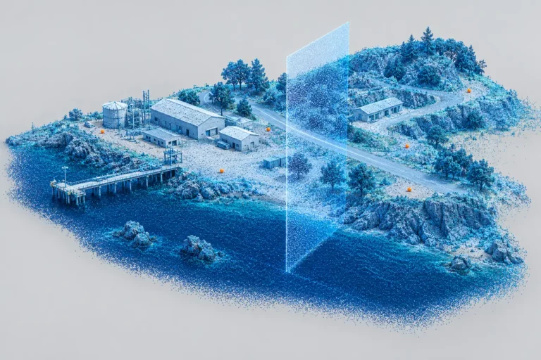 Ilustración conceptual de una nube LiDAR de terreno e instalaciones con puntos de referencia