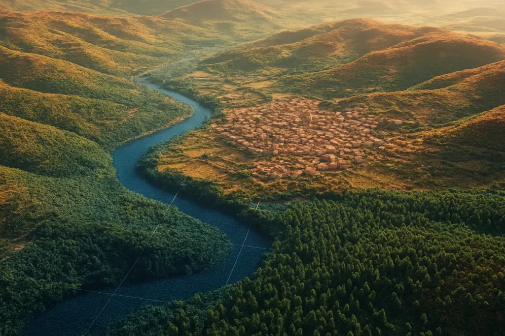 Vista aérea de un valle fluvial con un pueblo y bosque, con la retícula de teselas de un vuelo LiDAR superpuesta al terreno